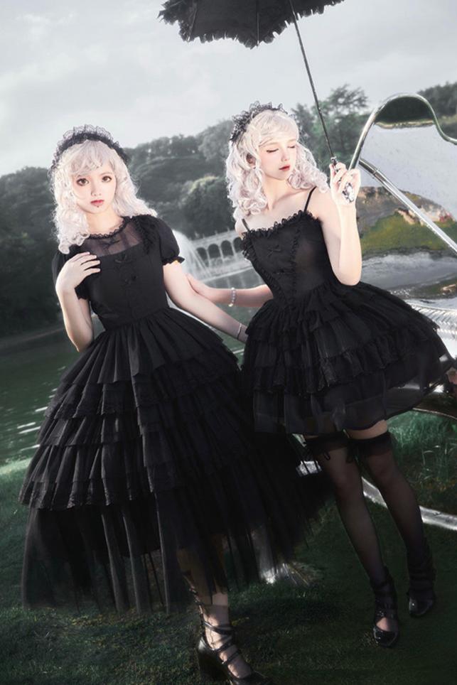 Dark Black Lolita Dress + Inner + Suspender Dress + Veil + Hairband + Belt + Sleeves