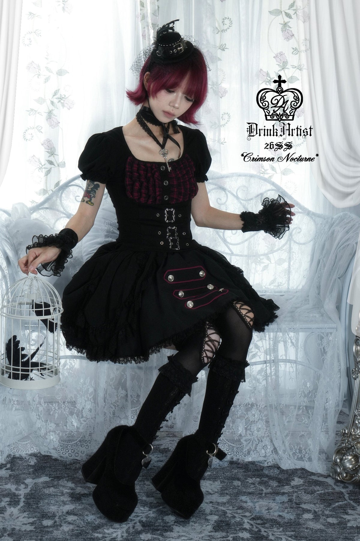 Original from Jiuyu Market: Black and Red Plaid Puff-Sleeve Knit Top with Military-Style Mesh Cake Skirt Set