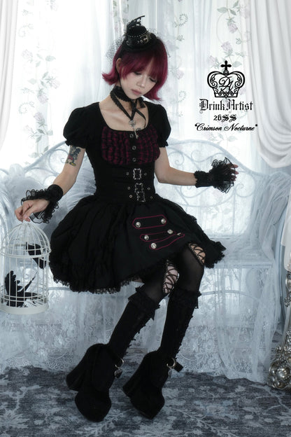 Original from Jiuyu Market: Black and Red Plaid Puff-Sleeve Knit Top with Military-Style Mesh Cake Skirt Set