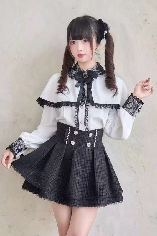 Ribbon shirt with lace collar cape