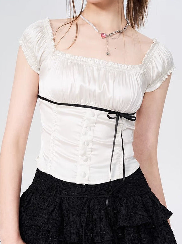 Off -shoulder puff streakribon short tops