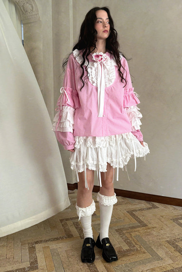 Camisa de patchwork con cuadrícula rosa muñeca