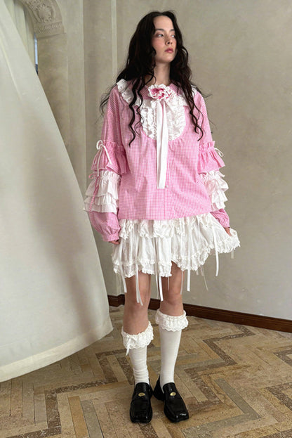 Camisa de patchwork con cuadrícula rosa muñeca