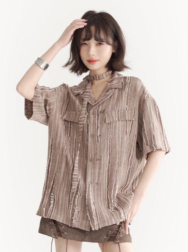 Open collar neck strap design damaged loose shirt