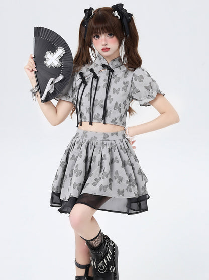Tea Break A-Line Puff Skirt Floral Sleeve Top Two Piece Summer Set