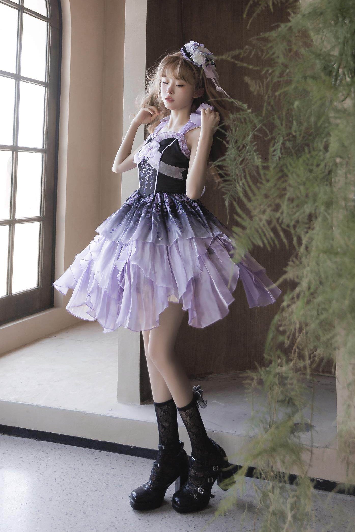 [Pre-order Deadline: June 18] Wisteria Purple Gradient Fairy Lolita Bow Layered JSK Dress + Full Set (Dress + Flower Hat)