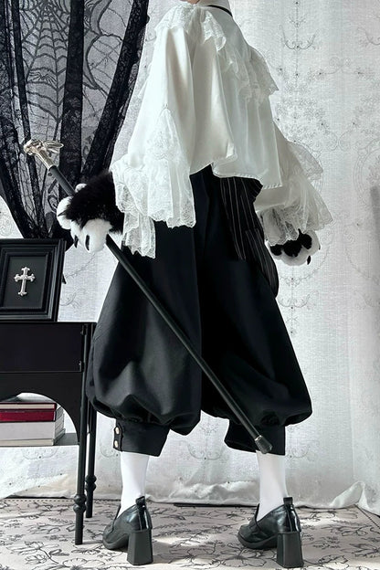[Pre-order Deadline: September 28] Prince Lolita White Lace Ruffle Shirt + Long Balloon Pants (with Black Stripe Bow Tie + Waist Ribbon Accessory)