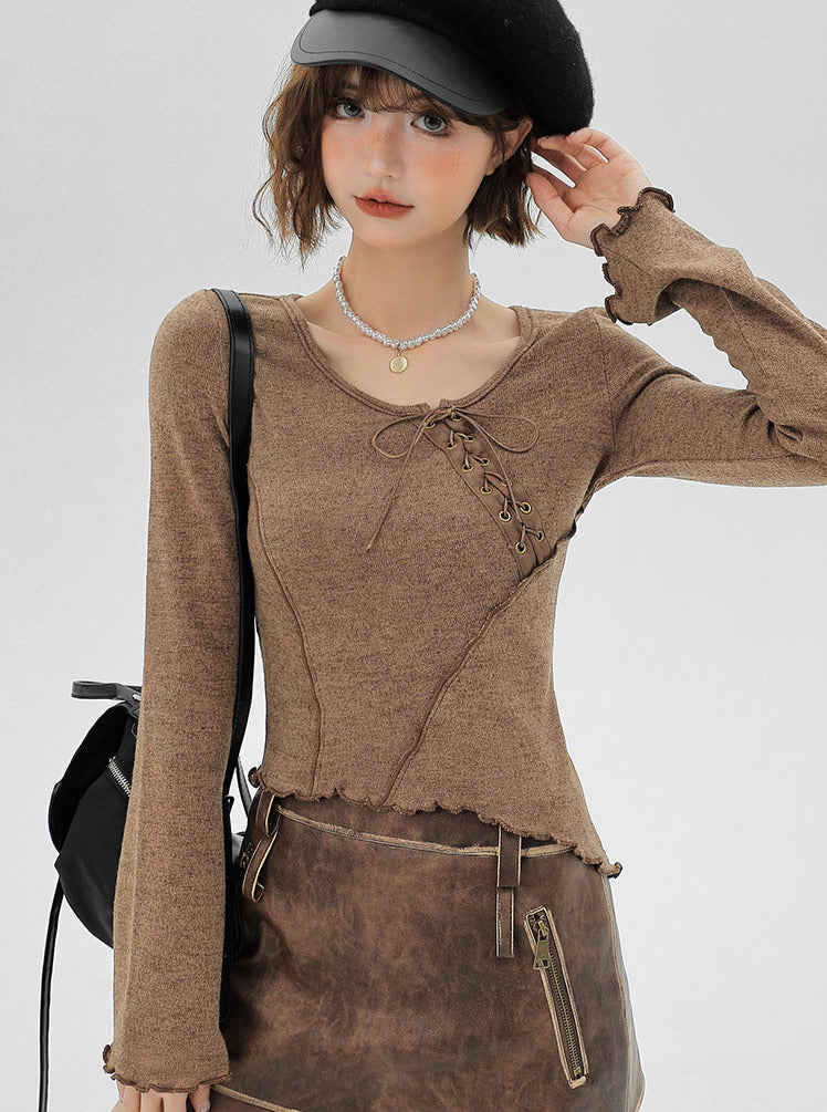 Lace-up Ruffle Small Flared Sleeve Long T