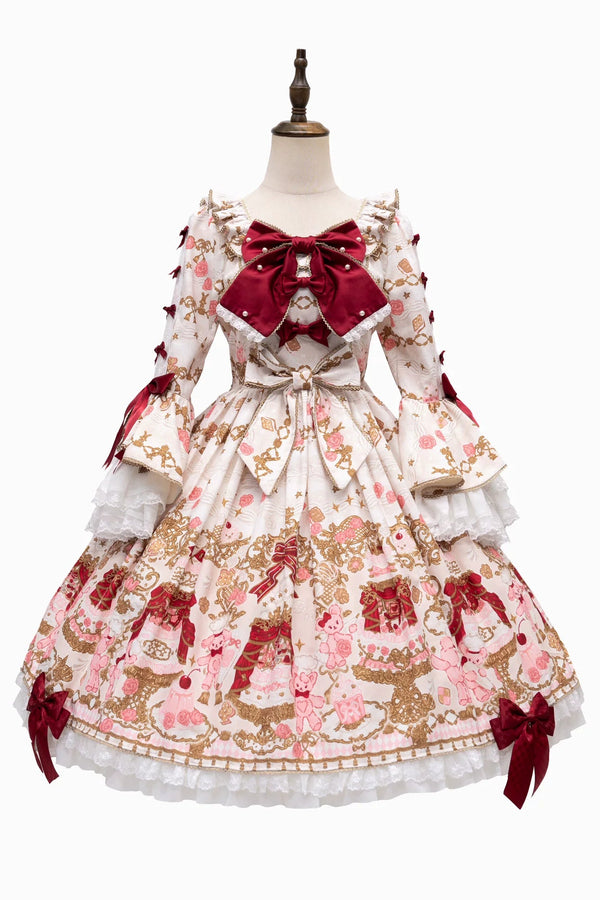 【4月26日予約締切】レトロロマンスイートロリータリボンケーキプリントゴージャス姫袖ドレス