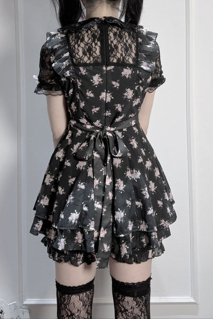 【9月2日予約締切】Black Pink Floral Layered Lace Dress＋Matching Shorts ＋ Bow Hairclips ＋ Bow Tie[Full set]