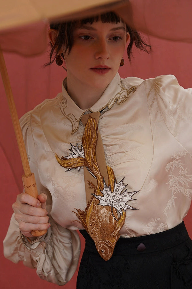 Kamo original Chinese style sinking fish fallen leaves tie women's matching shirt design sense niche embroidery bow tie accessories