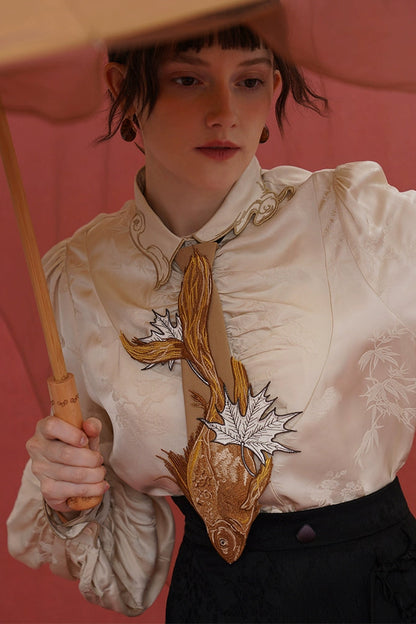 Kamo original Chinese style sinking fish fallen leaves tie women's matching shirt design sense niche embroidery bow tie accessories