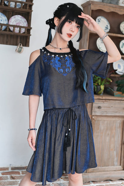 チャイナデザインオフショルダートップス+タッセルスカート