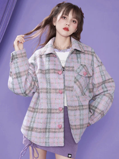 Purple Check Shirt Style Loose Coat