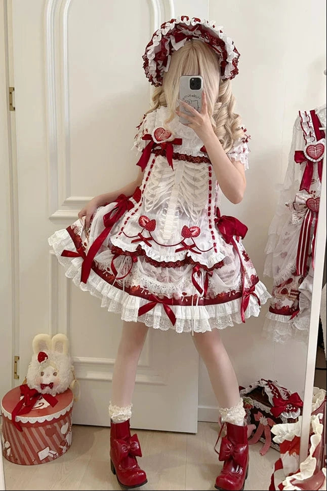 【11月4日予約締切】Strawberry Print Sweet Lolita Lace Bow JSK Dress + Puff Sleeve Lace Bow Doll Dress with Bone Embroidery Apron