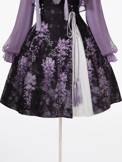 [Reservierungsschluss 8. November] New-Chinese-Lolita-Set mit mondbeschienenem wisterienviolettem JSK-Kleid + kurzem Spitzentop mit Schwalbenstickerei und Quasten