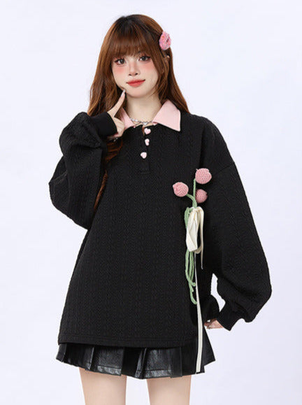 ENJOG knitted tulip lapel sweatshirt women's spring new niche loose sweet soft waxy waffle extra set