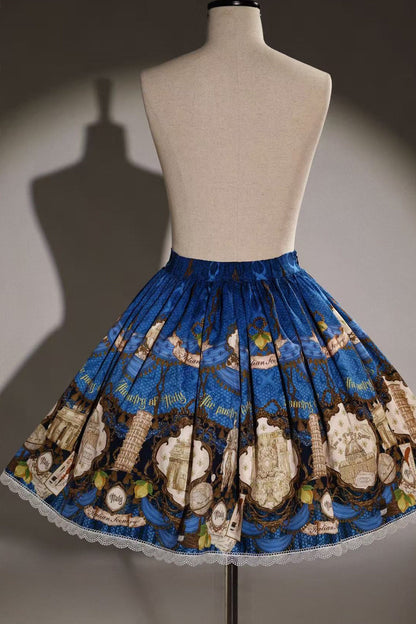 [Pre-order Deadline: November 6] Navy Blue/Brown Classic Italian Travel Diary Lolita Vintage Print Skirt
