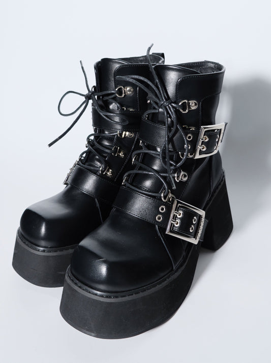 Punk Subculture y2k Square Toe Plat Short Boots [Matte Black, Leather Black].