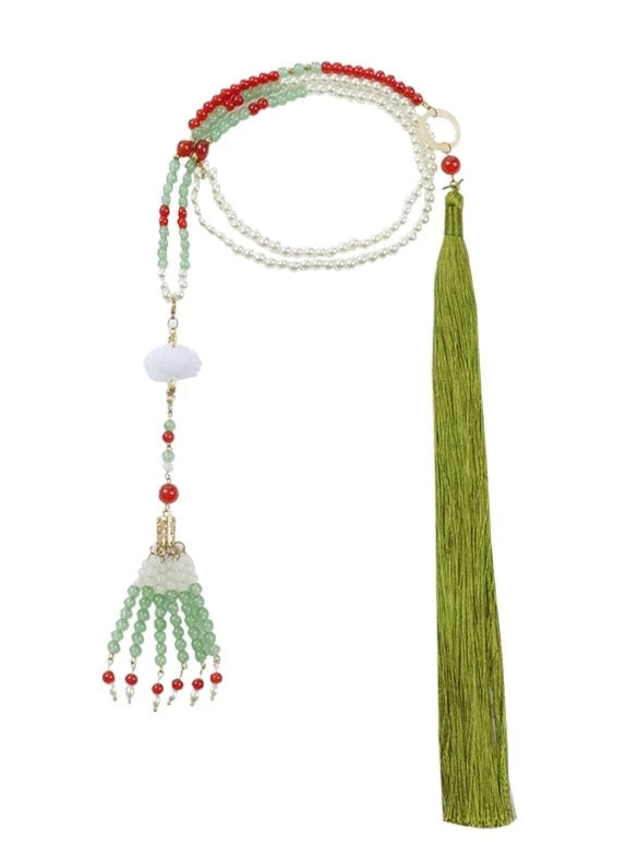 Chinese-Style Asymmetric Long Dress + Bead Necklace + Big Ribbon