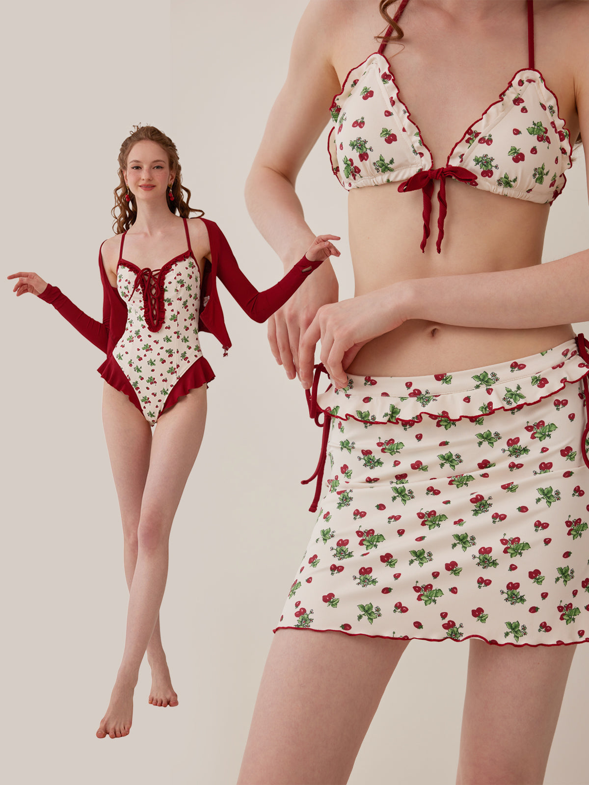 Retro Red One-Piece Swimsuit + 3-Piece Set-Up Swimsuit