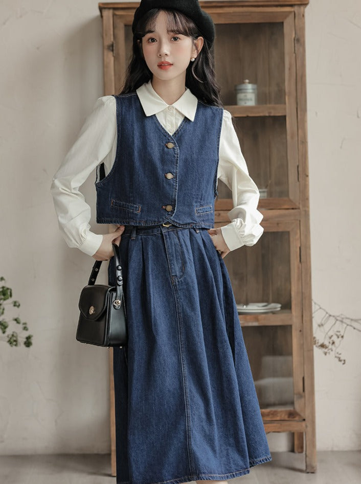 Retro denim vest + skirt + shirt