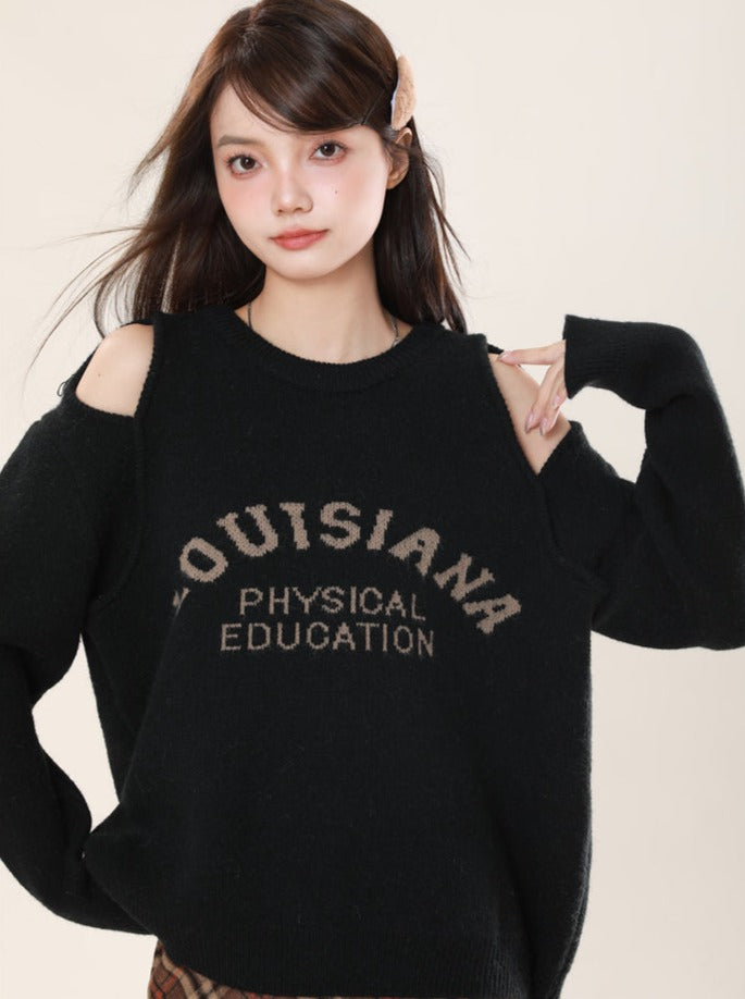 Open Shoulder Round Neck Knit Sweater