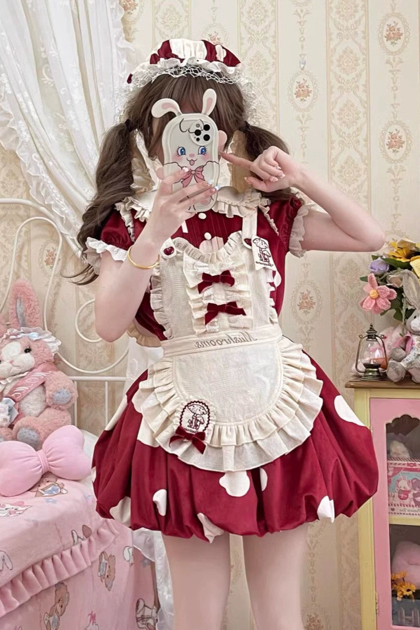 キノコドールワンピース+リボンフリルエプロン+フリルスリーブ+うさ耳ハット