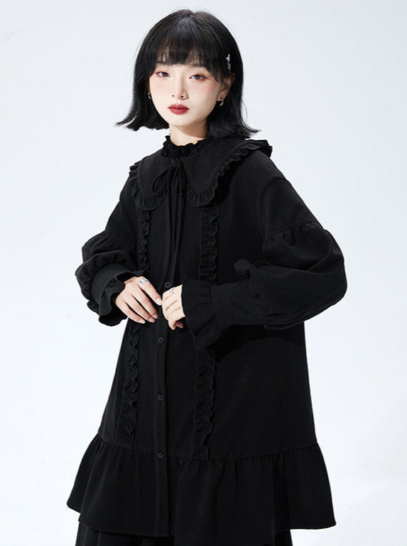 Volume sleeve ruffle dress with ruffled collar