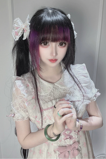 【9月2日予約締切】Romantic Pink Floral Layered Lace Dress＋Matching Shorts ＋ Bow Hairclips ＋ Bow Tie[Full set]