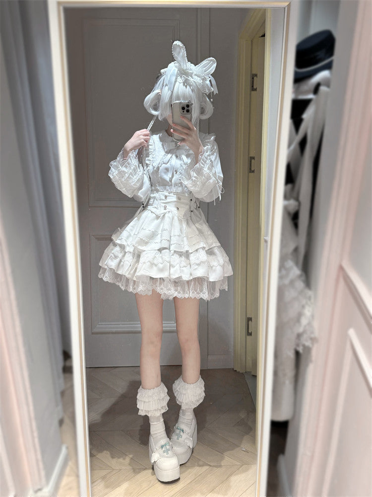 [Pre-order Deadline: January 7] Jewel Ribbon Bell Sleeve Shirt + Black Striped Tiered Skirt + Set