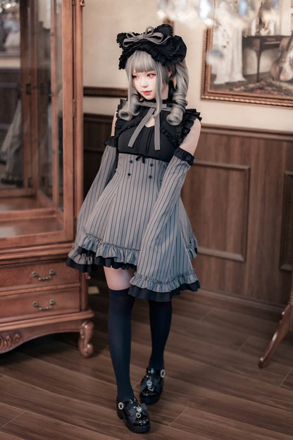 [Pre-order Deadline: October 1] Black x Gray Striped High-Low Cutout Cold-Shoulder Flare-Sleeve Frill Ribbon Dress