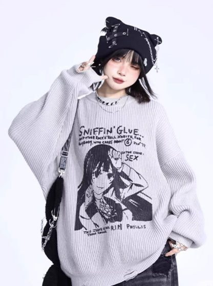 Girl Print Loose Pullover Knit Sweater