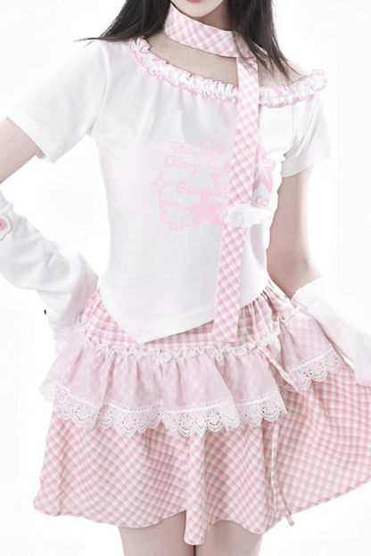 パステルスイートツインスカーフ付きTシャツ＋パフスカート＋アームカバー