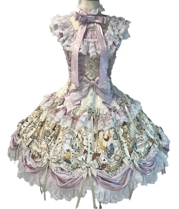 [Pre-order Deadline: September 28] Navy/Off-White Alice Classical Lolita Print Playing Card Frill Ribbon Dress + KC Set + Bunny Ear Hat Set