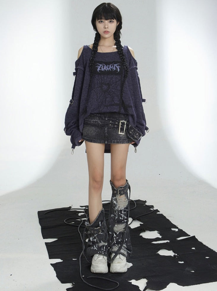 Skull Print Damaged Denim + Leg Covers