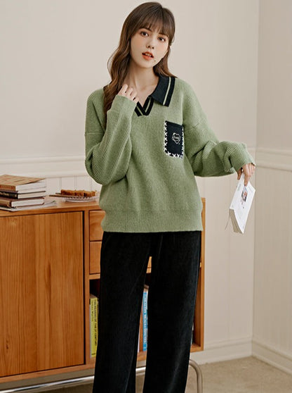 Polo collar pocket design knit top