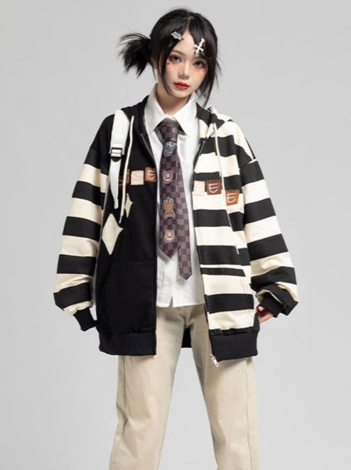 Asymmetrical Striped Hooded Parka