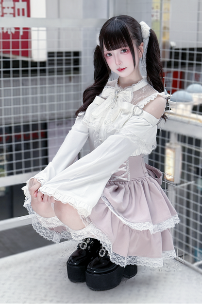 Lace off-the-shoulder shirt + lace-up skirt