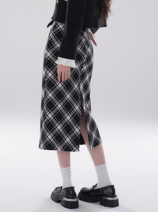 High-end ruffle collar layered short padded jacket + checked skirt