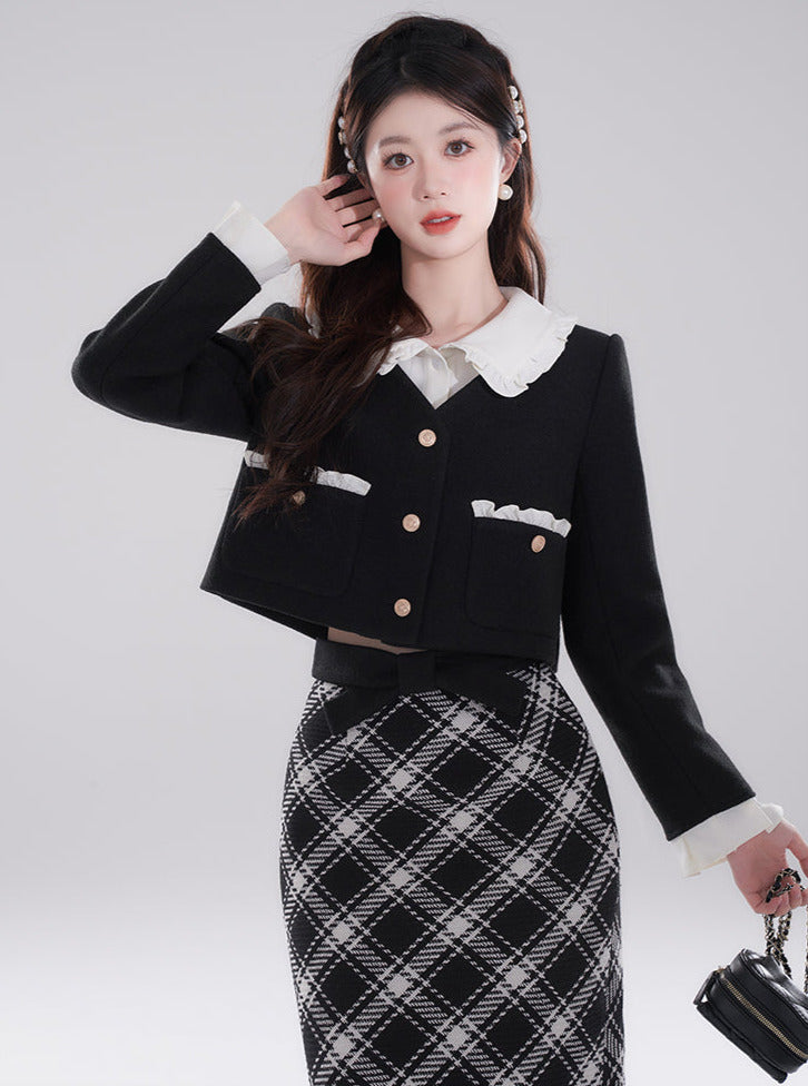 High-end ruffle collar layered short padded jacket + checked skirt