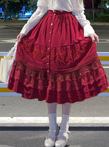 バラコットンレーススプライシングロングスカート【予約商品】