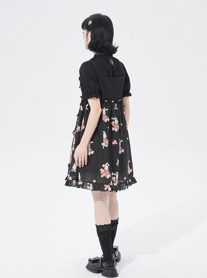 Japanese Rabbit Print Black Tea End Suspender Dress