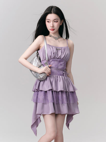 Purple Pleated Lace Camisole Dress