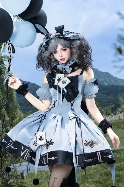 [Reservierungsschluss 10. Juli] Blau-schwarzes Alice-Gothic-Lolita-Komplettset mit Hasenohren-Haarreif und Kleid