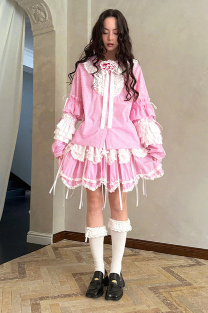 Camisa de patchwork con cuadrícula rosa muñeca