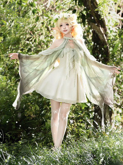 【10月15日予約締切】Forest Fairy Lolita Style Green & Beige Wing Sleeve Cape Dress