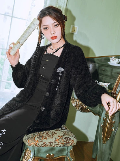 Night Collar Mink Velvet Black Cardigan Jacket