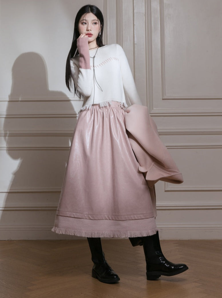 Milky Peach Sweetheart Belt Leather Long Skirt