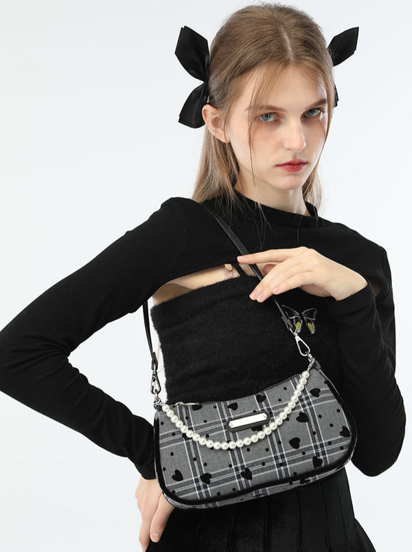 アメリカンレトロスイートクールラブチェックパールハンドルショルダーバッグ